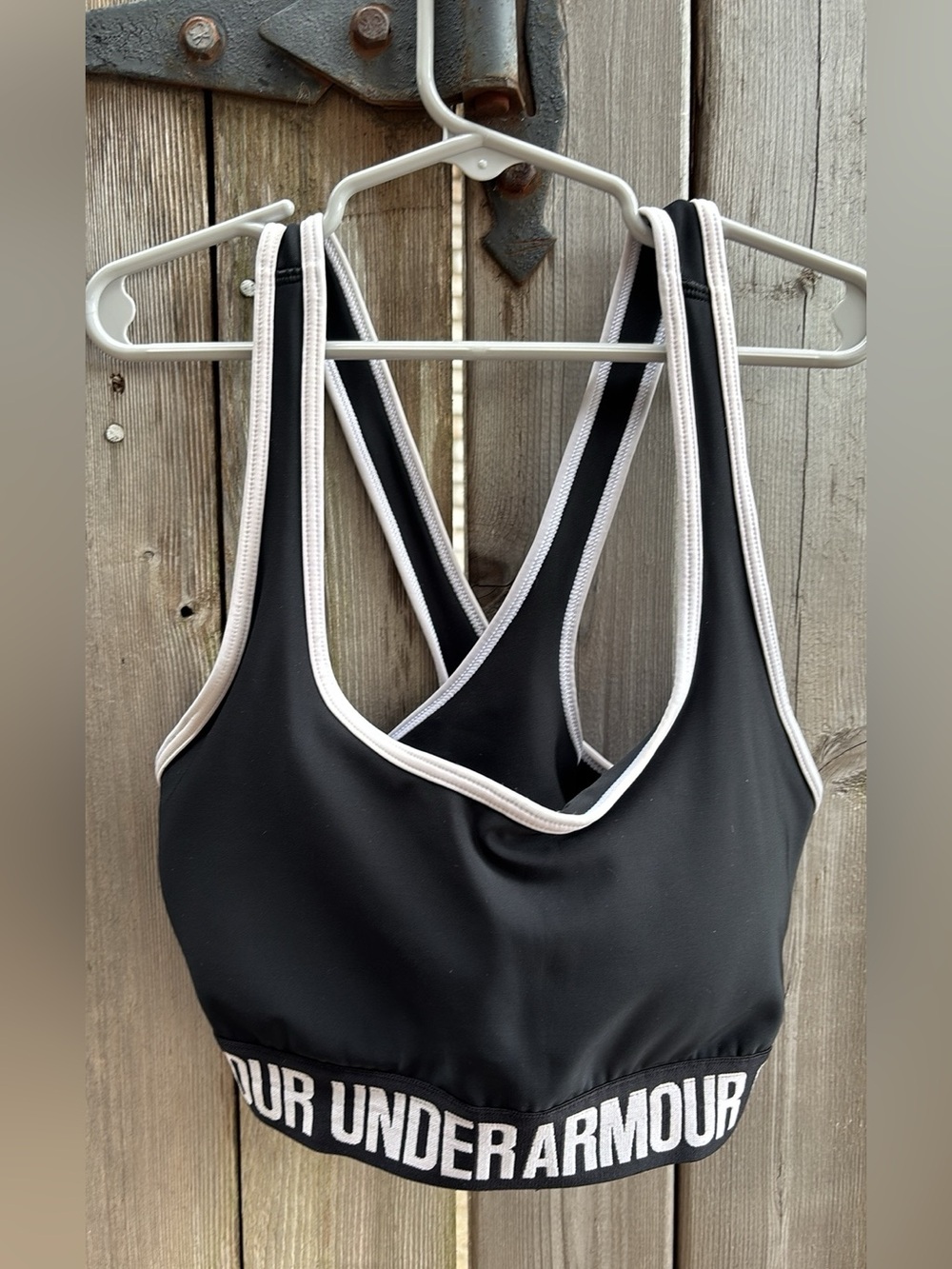 Under Armour compression Black Sports Bra with White Trim and Branded Band